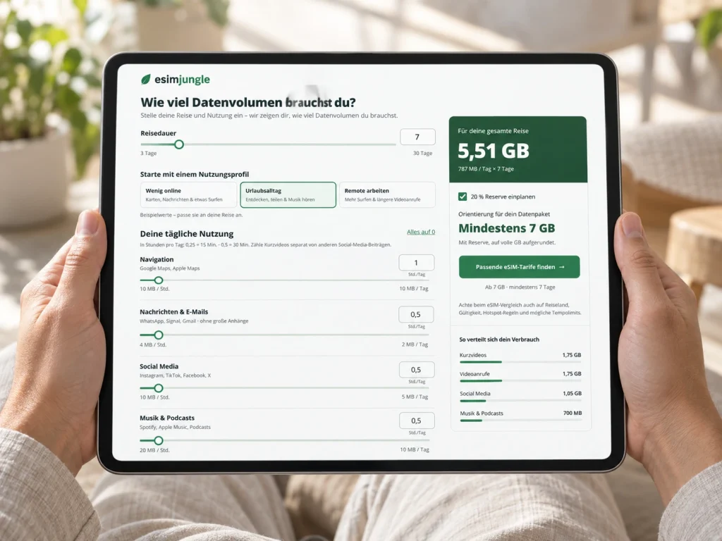 Eine Person hält ein iPad mit dem eSIM Jungle Datenrechner und einer Beispielschätzung für sieben Reisetage.